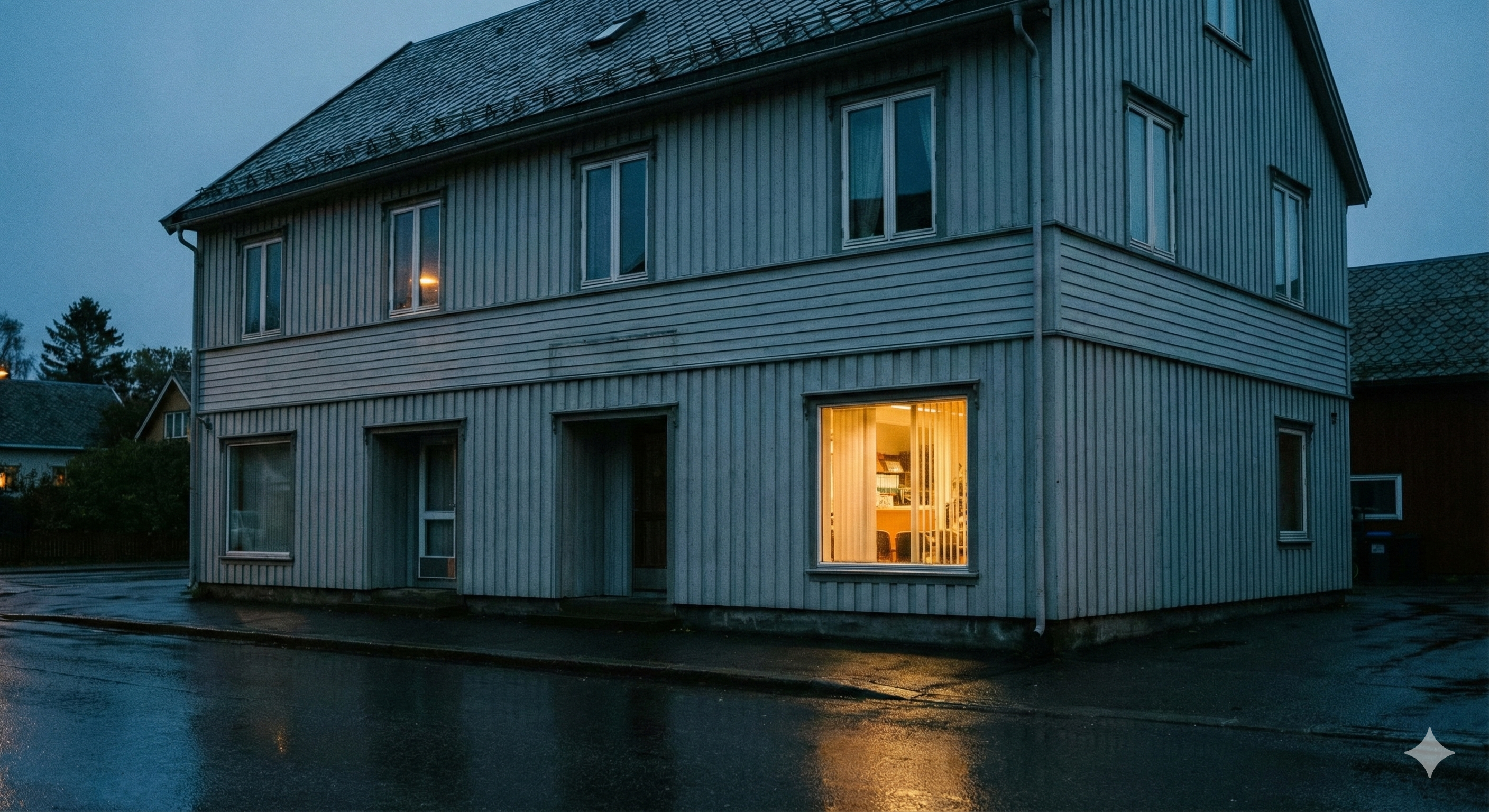 Norsk trehus i skumring med varmt lys fra vindu - vi er her